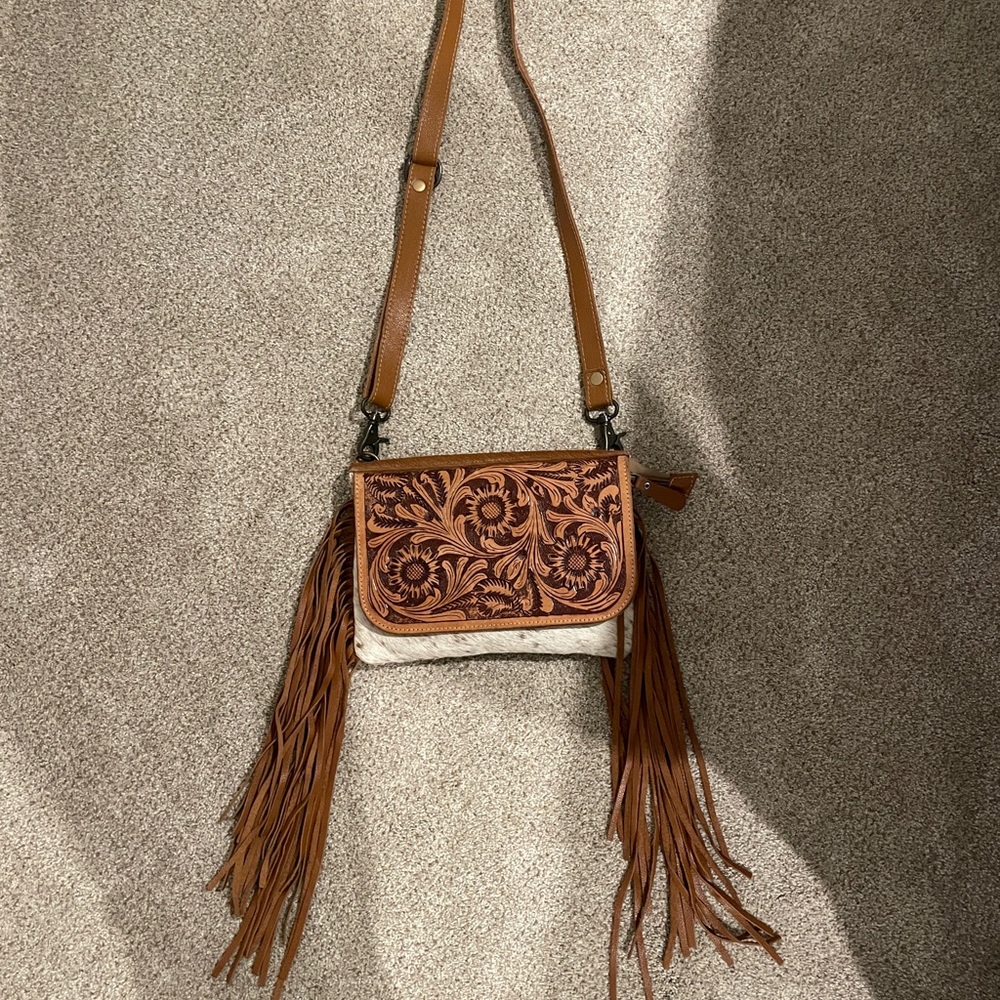 Myra Bag Brown Tooled Leather Crossbody with Fringe